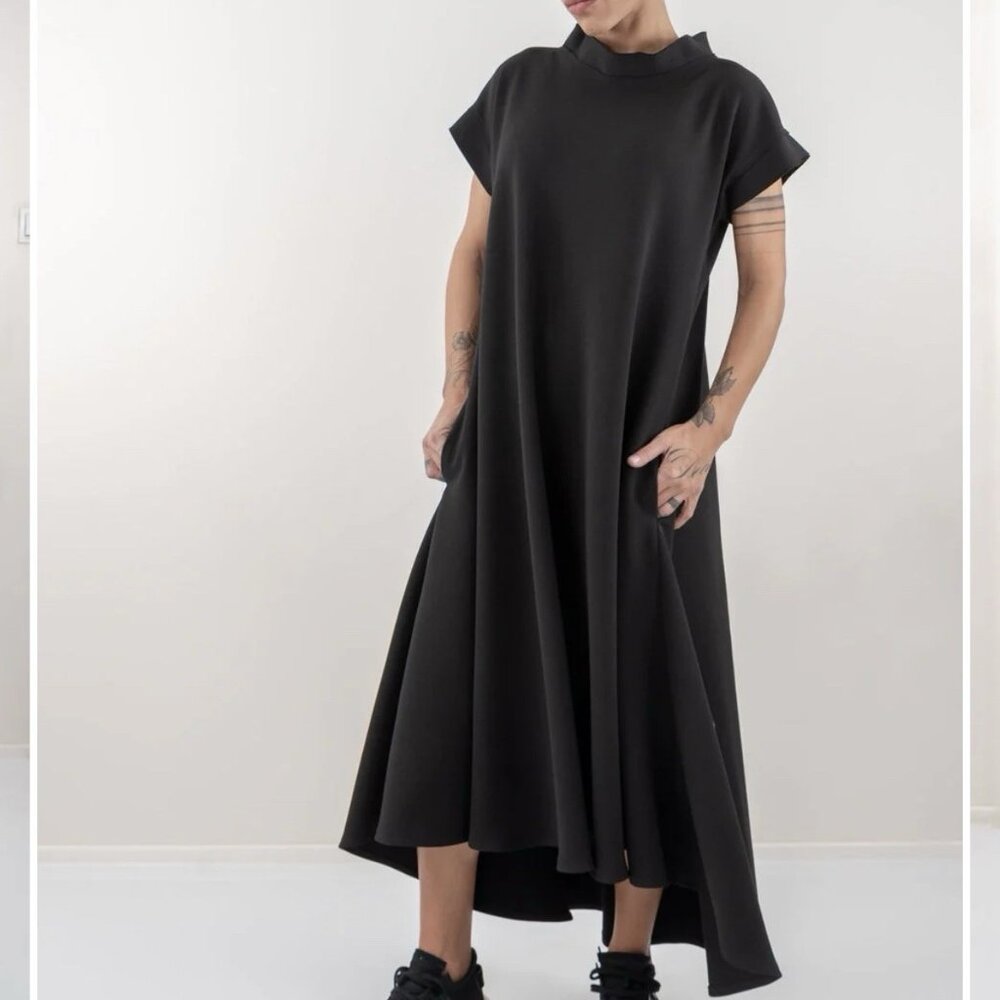 Locker Room Midi A-Line Flared Swing Dress Pockets Lagenlook Black Minimalist